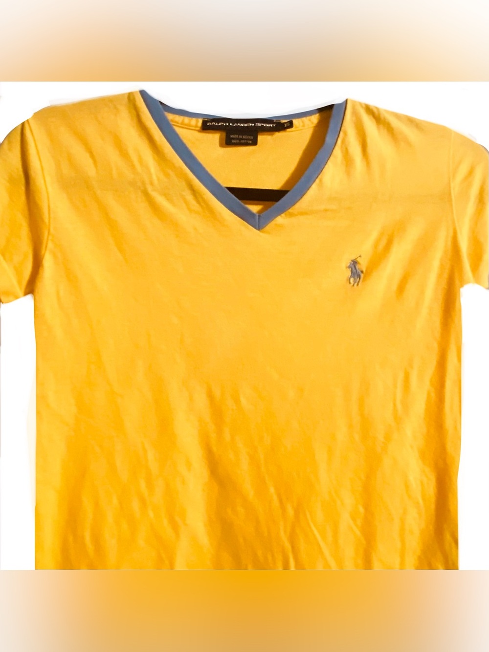 Ralph Lauren Yellow V-Neck Tee with Blue Trim and emblem